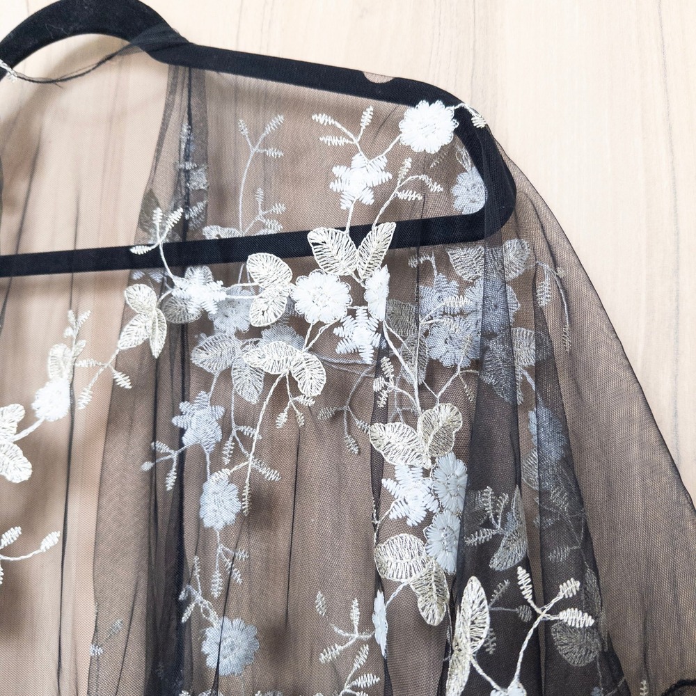 Women Embroidered Sheer Kimono Duster OS Black Floral Mesh Fringe Boho Festival - Picture 7 of 7
